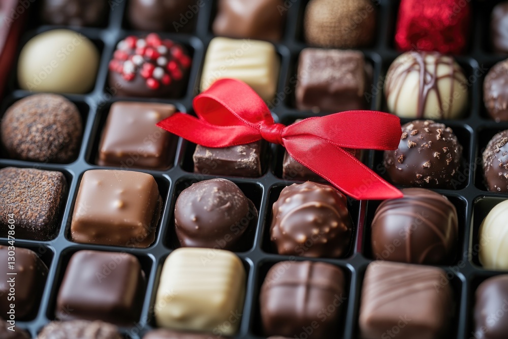 Poster a colorful box filled with assorted chocolates and tied with a bright red ribbon, perfect for giftin