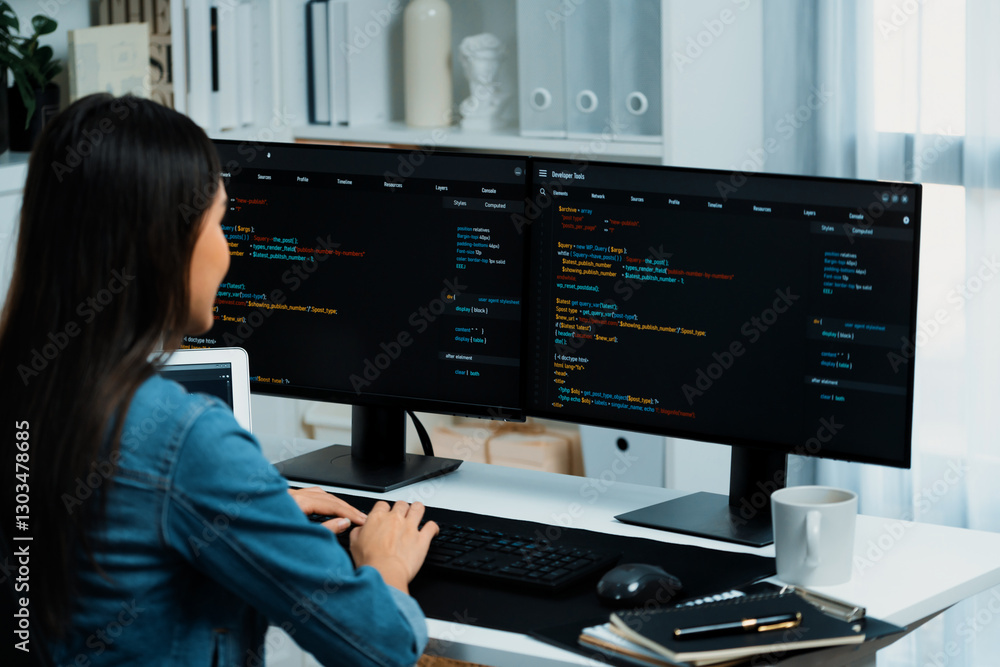 Poster young asian in it developer creating with typing online information on pc with coding program data o