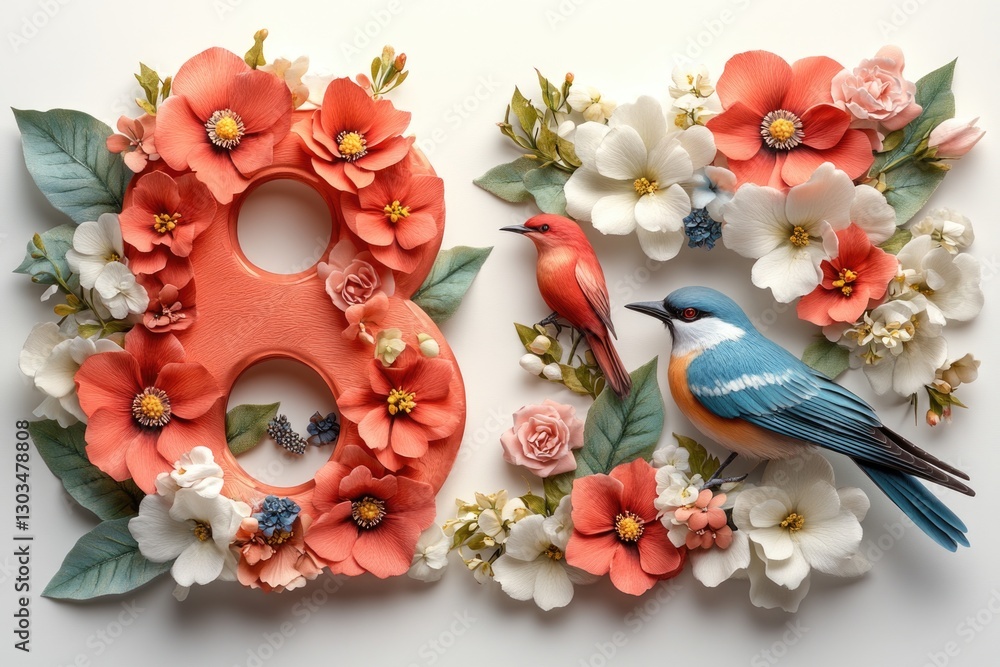 Poster a bird is perched on top of a flower with a number displayed