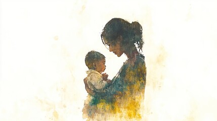Maternal Love: Watercolor Illustration of Mother Tenderly Holding Newborn Baby