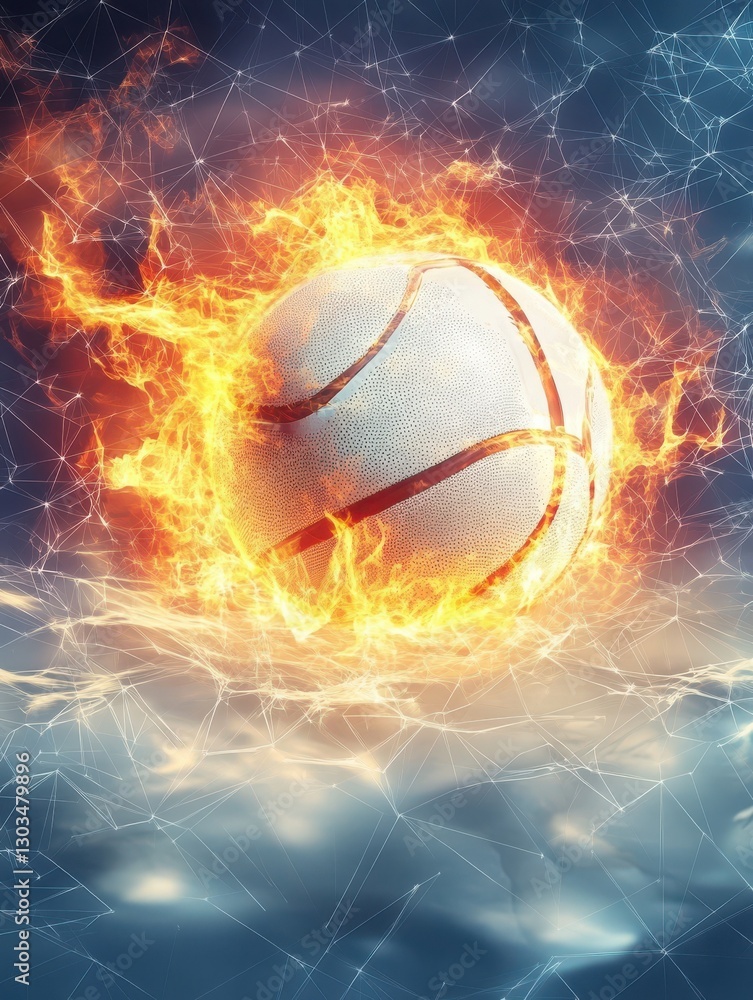 Poster volleyball ball on fire and water with lightening around on abstract polygonal background. horizonta