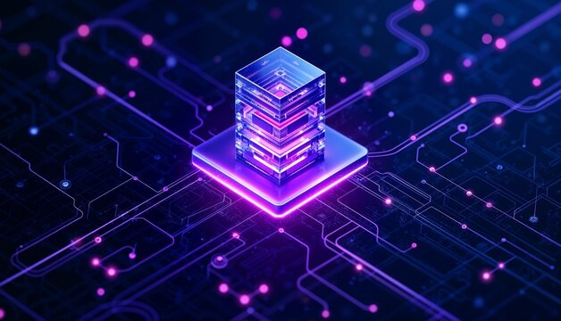 Digital server stack on glowing circuit board