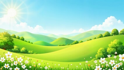 Fototapeta premium Colorful landscape with flowers and rolling green hills