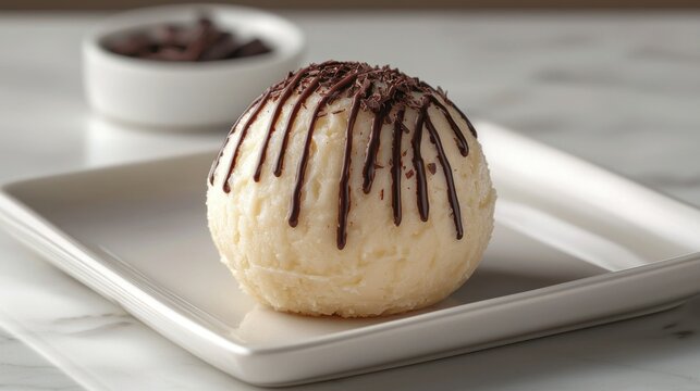 Dessert sphere topped with chocolate, sitting on square plate, marble background