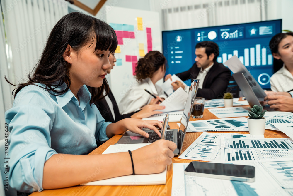 Poster diverse group of business analyst team analyzing financial data report. finance data analysis chart 