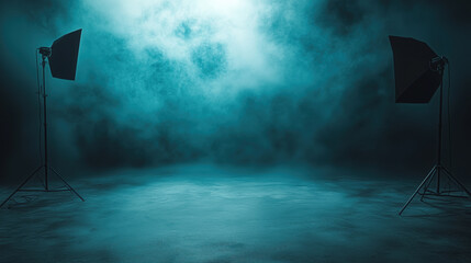 Modern Studio with Concrete Floor and Dark Teal Backdrop, Illuminated by Soft Lighting and Swirling Fog, Creating an Ideal Moody Setting for Minimalist Product Photography