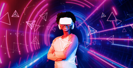 Girl looking around at geometric shape floating in metaverse. Happy teenager or gamer using VR headset and augmented reality technology accessing virtual world. Technology innovation. Ingenuity.