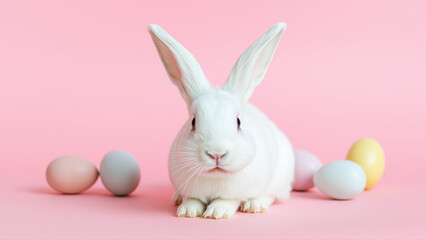 White fluffy rabbit sits on pink isolated background among colorful eggs