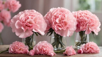 Fototapeta premium An Artistic Display of a Trio of Delicate Pink Carnations in Bloom