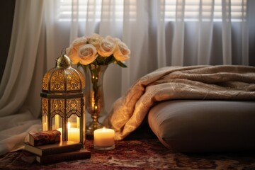 Fototapeta premium Serene bedroom setting featuring a cozy bed and candlelit lamp on nightstand with soft focus on roses in background