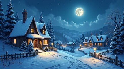 Snowy Village Scene Under a Bright Moonlit Sky