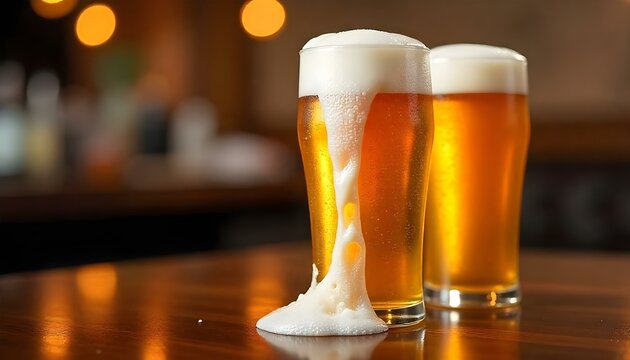 Primer plano de estudio de dos vasos altos de cerveza sobre una mesa de madera, uno rebosante de espuma, contra un fondo borroso de luces