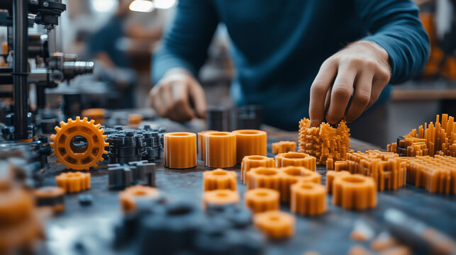 Close-up of a person testing various 3D printed parts on a workspace in a makerspace.