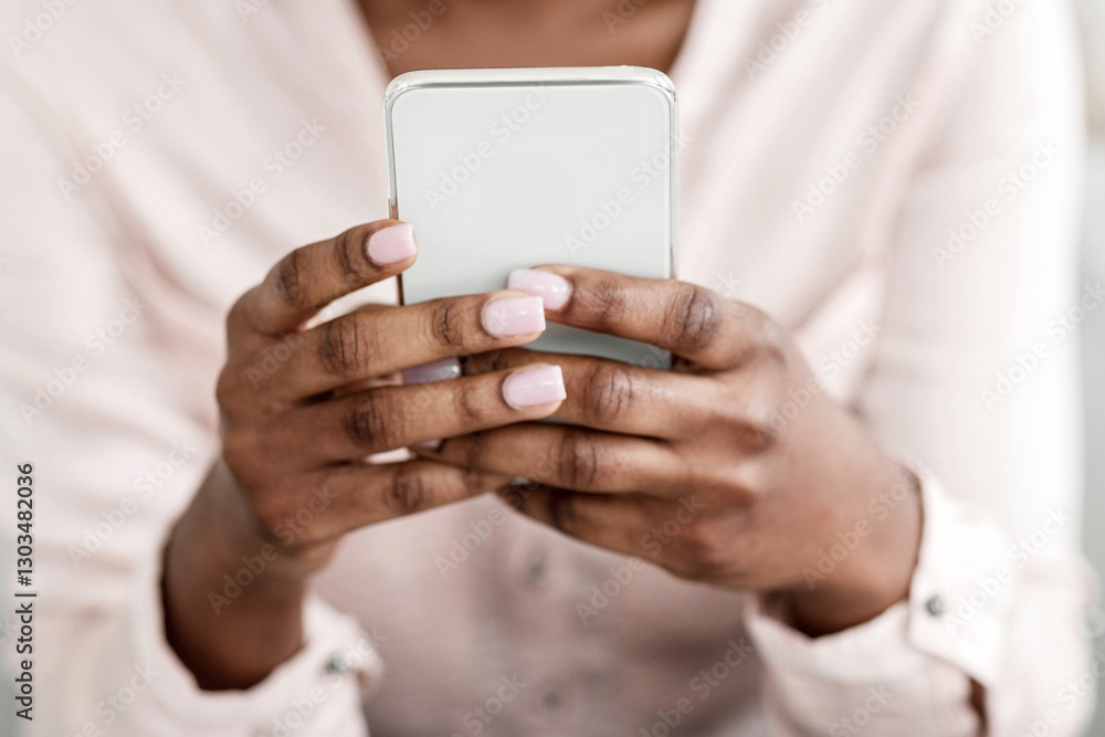 Poster useful app. closeup of unrecognizable black woman using smartphone at home, cropped image with free 