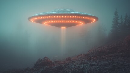 Flying saucer descends amidst fog in forest clearing; dark, moody, mysterious