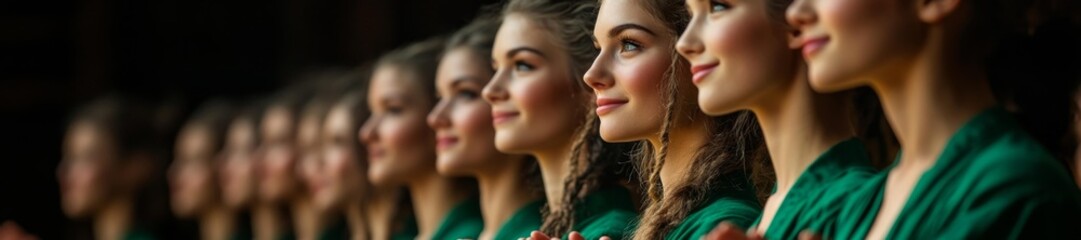 Obraz premium Smiling Female Dancers in Green Costumes Standing in Formation with Applauding Audience. Generative AI