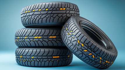 Stack of four new summer tires neatly arranged against a blue backdrop, showcasing tread patterns and vibrant designs for optimal performance