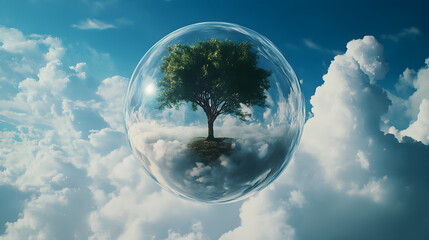 Tree inside a bubble floating among clouds in a bright blue sky during daylight