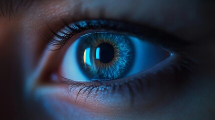Extreme close-up of a human eye with blue and amber tones, reflecting light in a futuristic and cybernetic atmosphere