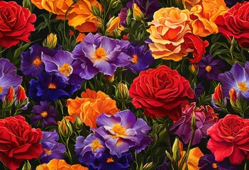 Fototapeta premium vibrant close shots showcasing colorful diversity garden flowers full bloom stunning detail, petals, plant, nature, flora, rose, tulip, daisy, lily