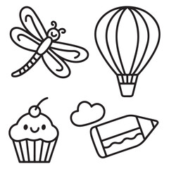Scarlet Skimmer, Cupcake, Hot Air Balloon, and Pencil Coloring Page for Kids