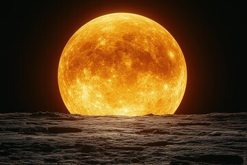 A large bright yellow moon shines in the dark night sky, illuminating the surrounding landscape
