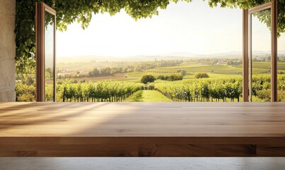 Empty beautiful wooden tabletop counter in a clean and bright interior with a vineyard field and wine grapes in the background