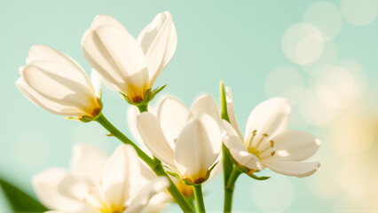 Fototapeta premium Delicate spring flowers in backlit sunlight, blurred background