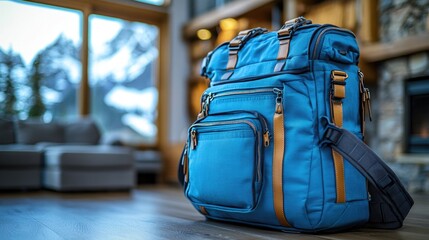 A blue backpack is sitting on top of a wooden floor, perfect for adventure or outdoor-themed images