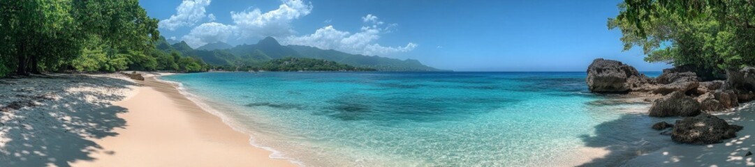 Fototapeta premium A beautiful secluded beach surrounded by lush green trees with sparkling clear water. Generative AI