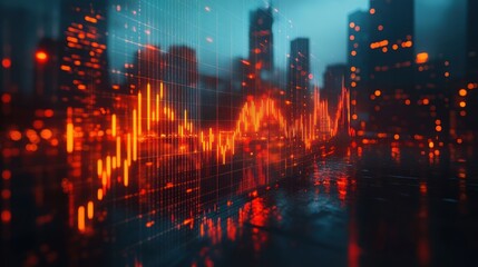Night Cityscape with Dynamic Stock Market Graph Overlay