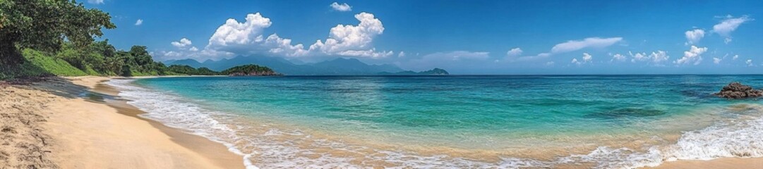 Obraz premium Tropical beach with pristine white sand and clear turquoise water under a bright blue sky. Generative AI