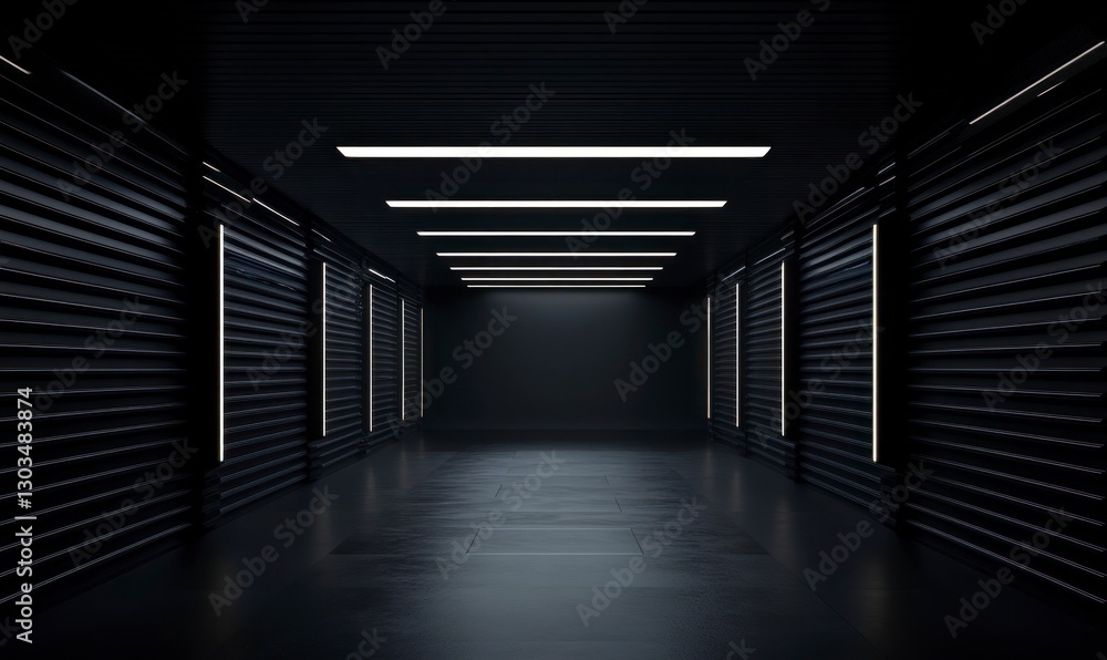 Poster empty black room with a dark background and ceiling lights. the scene is illuminated by the light of