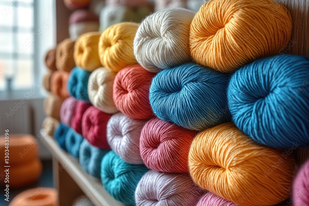 Poster a collection of colorful yarn balls stored on a shelf