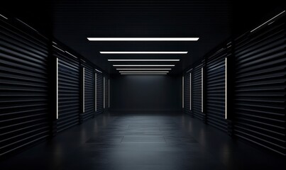 Empty black room with a dark background and ceiling lights. The scene is illuminated by the light of three square lamps on each side