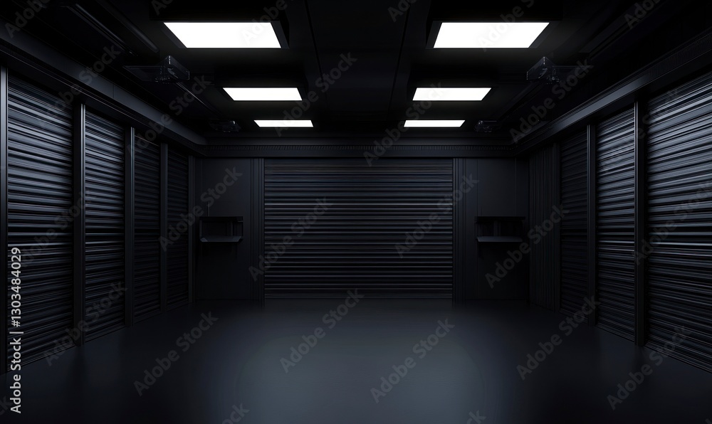 Poster empty black room with a dark background and ceiling lights. the scene is illuminated by the light of