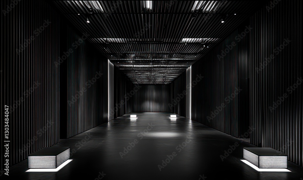 Poster empty black room with a dark background and ceiling lights. the scene is illuminated by the light of