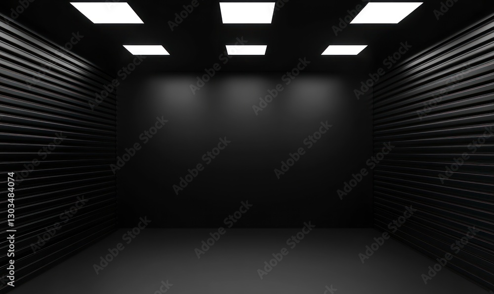 Poster empty black room with a dark background and ceiling lights. the scene is illuminated by the light of