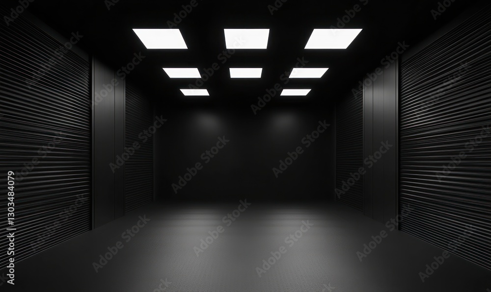 Poster empty black room with a dark background and ceiling lights. the scene is illuminated by the light of