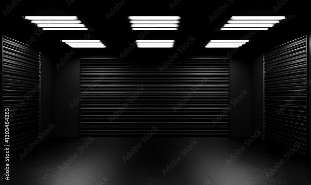Poster empty black room with a dark background and ceiling lights. the scene is illuminated by the light of
