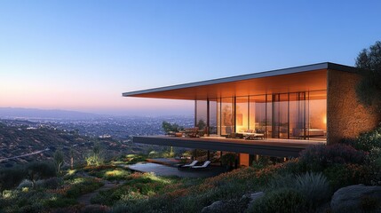 Fototapeta premium Modern hillside home at sunset