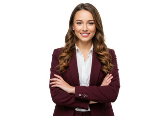 A confident modern young buisnesswoman with long wavy brown hair isolated on transparent background