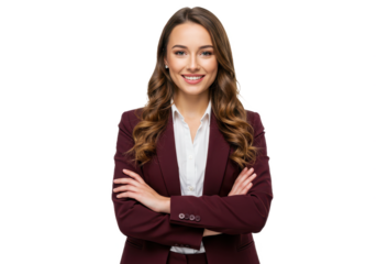 A confident modern young buisnesswoman with long wavy brown hair isolated on transparent background