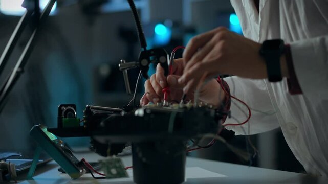 A person is engaged in assembling an electronic device, using tools and components on a workspace