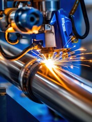 Precision Laser Cutting Technology in Action on Metal Pipe with Sparks Flying, Industrial Manufacturing Process, Engineering Innovation Concept