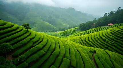 Fototapeta premium Lush Terraced Green Tea Plantation Rolling Mountain Hills Landscape