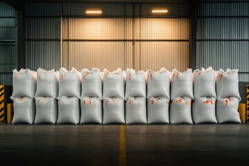 Stacked white sacks arranged neatly in a warehouse showcasing organized storage solutions for bulk materials and goods in a commercial setting concept