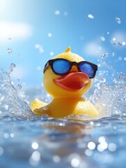 Happy rubber duck wearing sunglasses in a splashing bathtub scene for summer fun