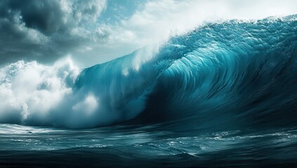 Fototapeta premium Majestic Ocean Wave Crashing with Powerful Force Under Dramatic Clouds and Vibrant Blue Tones Capturing the Beauty of Nature's Energetic Display