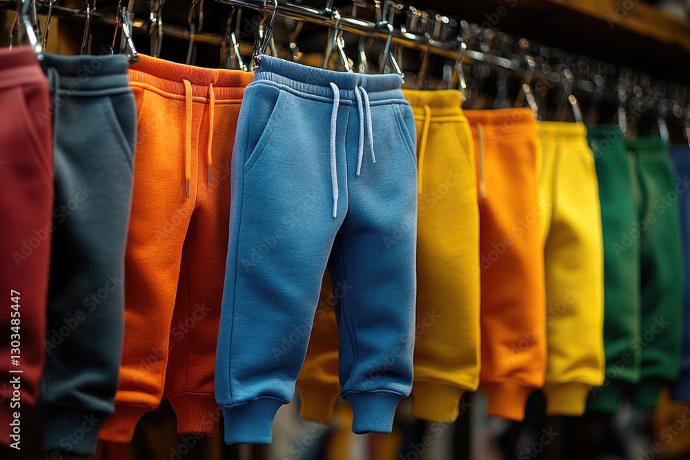 Poster a row of colorful pants hanging on a rack for display or storage